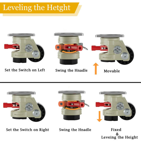 Hella Sturdy Heavy Duty Leveling Casters With Snap Lock Brakes And Smooth Glide Wheels Adjustable Height Shock Resistant Mounts For Furniture Trailer And Workshop Gear Set Of 4 mechanism demonstrating height adjustment process.