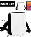 Two Pack Sublimation Blank Bags With Adjustable Straps DIY Crossbody Bags For Sublimation showing size 7.1x9.4x2 inches
