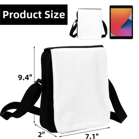 Two Pack Sublimation Blank Bags With Adjustable Straps DIY Crossbody Bags For Sublimation showing size 7.1x9.4x2 inches