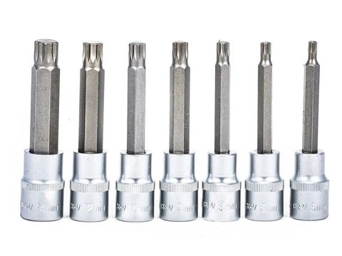 Top Shelf 26 Piece 1/2 Inch Drive Spline Triple Square XZN Socket Bit Set Forged From Hardened Chrome Vanadium Steel showing various sizes.
