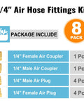 Eight Piece Quarter Inch NPT Brass Air Compressor Fittings Quick Connect Kit showing package contents with couplers and plugs