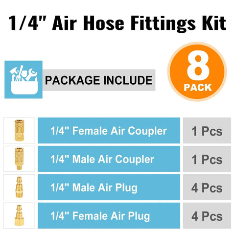 Eight Piece Quarter Inch NPT Brass Air Compressor Fittings Quick Connect Kit showing package contents with couplers and plugs