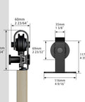 6 Foot Heavy Duty Black Top Mounted Barn Door Hardware Kit For 36 Inch Aluminum Framed Glass Door Or Wooden Barn Door With Carbon Steel Track And Nylon Wheels In Matte Black Finish Built To Last Rock Solid, side view with dimensions.