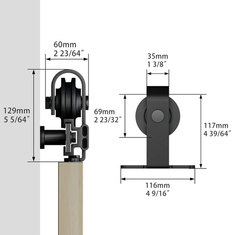 6 Foot Heavy Duty Black Top Mounted Barn Door Hardware Kit For 36 Inch Aluminum Framed Glass Door Or Wooden Barn Door With Carbon Steel Track And Nylon Wheels In Matte Black Finish Built To Last Rock Solid, side view with dimensions.