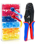 Crimping Pliers Set For TTap Quick Splice Connectors 30J 120PCS Insulated Male Spade Terminals Wire Kit For Electrical DIY Wiring Projects Pro Grade Auto Electrical Harnesses next to colorful plastic connectors.