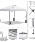 One Person Setup Ready 10x10 Pop Up Canopy Tent with sandbags, waterproof sunproof fabric, three adjustable heights, white color