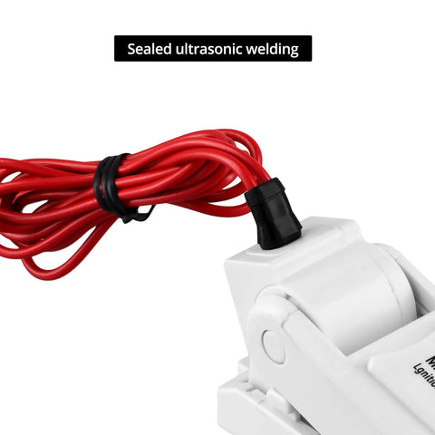 Close-up of Two Pack Rugged Automatic Boat Bilge Pump Float Switch With Moisture Tight Ignition Protected Seals For Marine Use with wiring