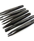 Antistatic Plastic Tweezers Kit For Electronics And Craftwork Handy Precision Black 6 Piece Set Static Safe Pickup Tools DIY Repair Non Conductive Forceps For Tiny Components shown arranged in a row.