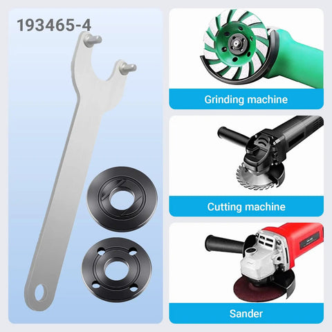 Heavy Duty Three Pack Angle Grinder Flange Nut And Wrench Set For 4.5 5 And 7 Inch Grinders With 5/8-11 Thread, includes wrench and flange nuts.