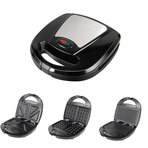 Hot 3 In 1 Electric Breakfast Maker With Non Stick Plates, black compact design with interchangeable plates for sandwiches, waffles, and paninis.