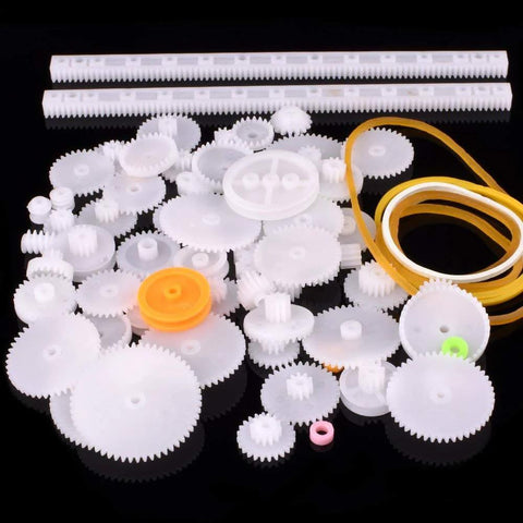 All In One Plastic Gear Kit For DIY Robots And Education 75 Piece Set Including Worm Gear Crown Gear on black background