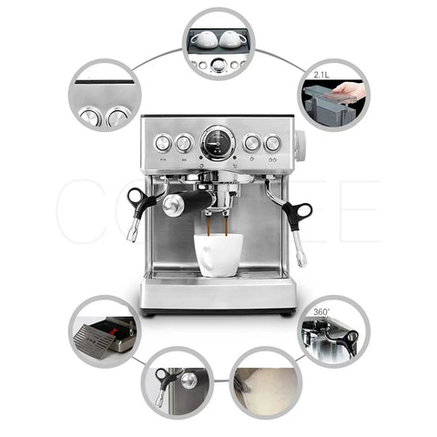 Premium Stainless Steel Automatic Espresso Coffee Maker With 19 Bar High Pressure Gauge And Slick Removable Water Tank brewing coffee shot.