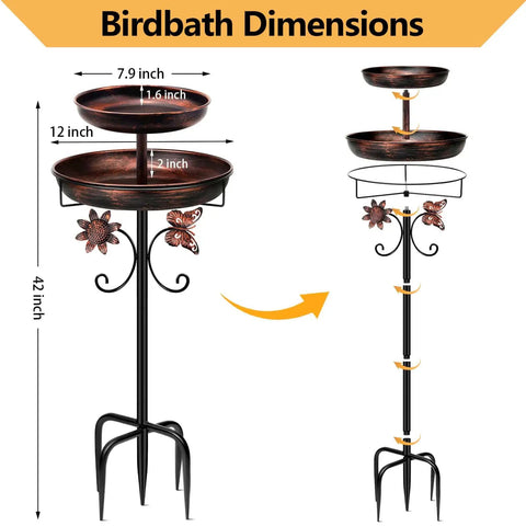 Vintage Outdoor Bird Bath and Feeder Stand 42 Inch Freestanding Bronze Bird Bath with Dual Bowls Upgraded Five Pronged Base