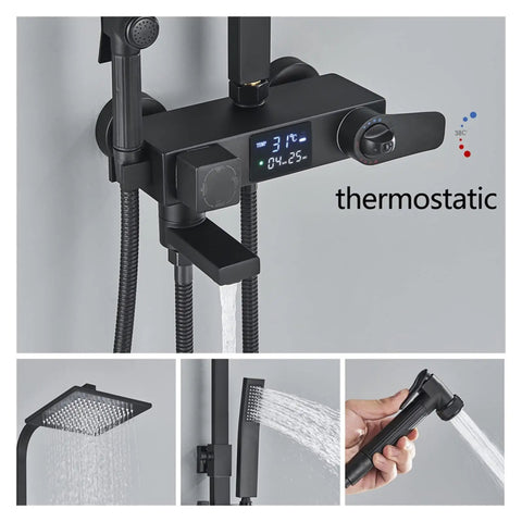 RIBEUJIZS Digital Shower System, Black Thermostatic Shower Faucets with digital display and rainfall shower head.
