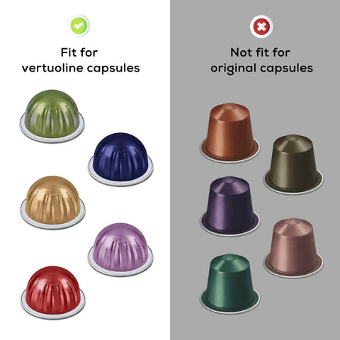 Image comparing VertuoLine capsules with Aluminum Foil Lids for Reusable Coffee Pods, 62mm Seals, vs. incompatible original capsules.