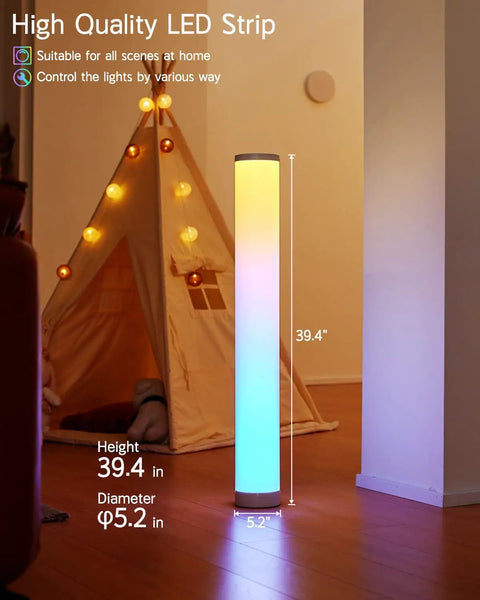 Lit RGBIC Color Changing Floor Lamp 2 Pack With WiFi App And Remote in living room with warm lighting next to a tent.