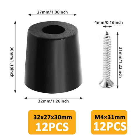 Heavy Duty Round Rubber Furniture Pads With Stainless Steel Mounting Screws Black Non Slip Table Leg Base 32X27X30Mm 12 Pack and screws shown.