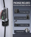 Portable EV Charger With SAE J1772 Connector, 25-Foot Cable, wall hanging accessories, NEMA 5-15 plug, cleaning towel