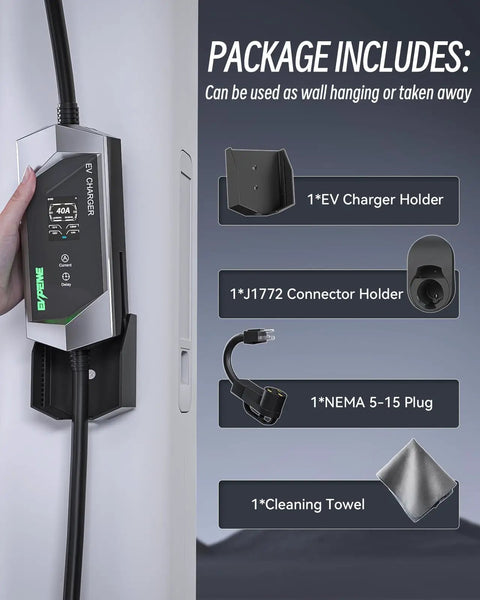 Portable EV Charger With SAE J1772 Connector, 25-Foot Cable, wall hanging accessories, NEMA 5-15 plug, cleaning towel