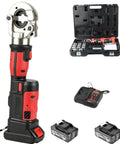 6 Ton Electric Hydraulic Crimping Tool Rechargeable Cordless Terminal Pliers with dual batteries and a charger, industrial design.