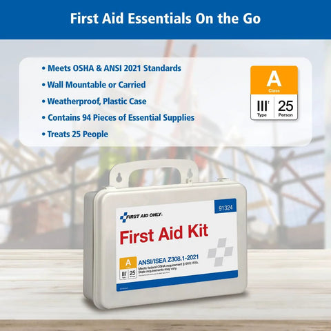 Front view of a gray plastic First Aid Kit case with First Aid Kit label, 91324, and 25-person ANSI Class A icon.