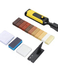 Wood Floor Repair Kit With 11 Color Matching Wax Sticks, sponges, and tools for DIY restoration on floors and furniture.