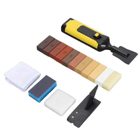 Wood Floor Repair Kit With 11 Color Matching Wax Sticks, sponges, and tools for DIY restoration on floors and furniture.