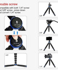Built Different Mini Tripod Lightweight Aluminum Construction With Quarter And Half Inch Threads, showing screw conversion mechanism.