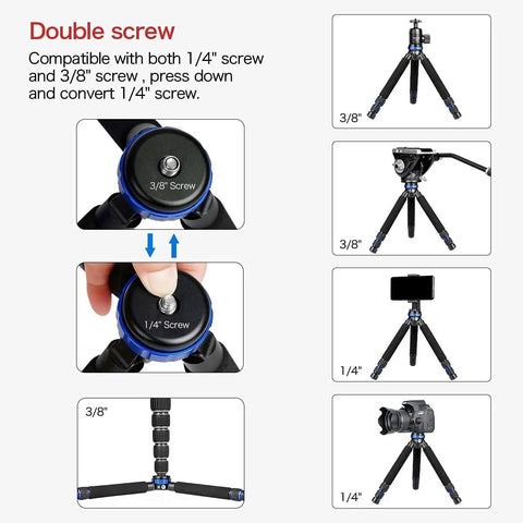 Built Different Mini Tripod Lightweight Aluminum Construction With Quarter And Half Inch Threads, showing screw conversion mechanism.