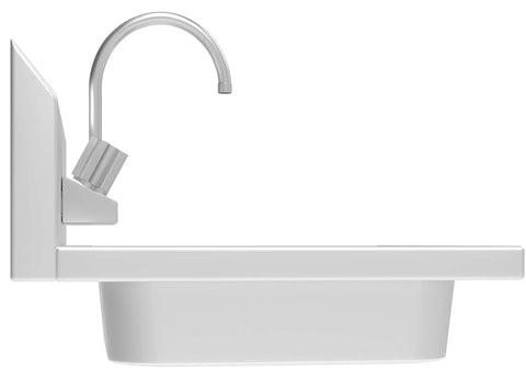 Side view of Heavy-Duty Stainless Steel NSF Commercial Hand Sink with Gooseneck Faucet, wall-mounted, 17 by 15 inches, Silver.