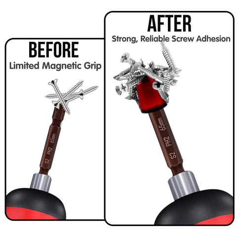 Before and after usage of Magnetic Screw Ring Set With Three Ph2 Bits And Universal Bit Holder, showing enhanced screw adhesion.