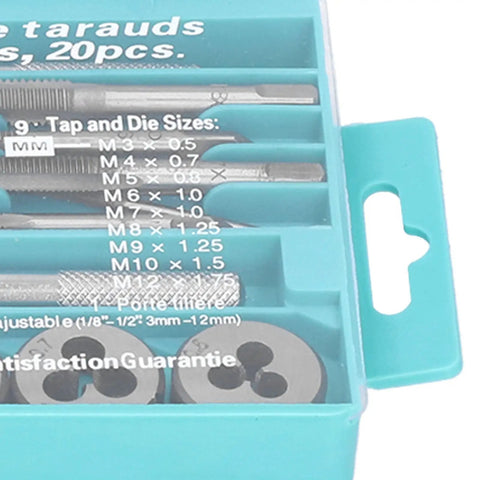 High Performance Metric Tap And Die Set With 60HRC Hardened Steel For Perfect Thread Repair On Metal And Automotive Parts. Ideal For DIY Garage Mechanics And Hard Use Projects Needing Durable Hacks In Your Toolbox Today. teal case with M3-M12 taps and dies