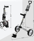 Ultra Lightweight Two Wheel Golf Push Cart Featuring A Smooth Glide Frame And Quick Compact Fold Setup, showing dimensions and design.