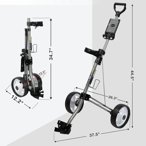 Ultra Lightweight Two Wheel Golf Push Cart Featuring A Smooth Glide Frame And Quick Compact Fold Setup, showing dimensions and design.