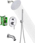 Shower System With Rain Shower Head And Handheld, Brushed Nickel Finish, 8 Inch Rain Shower, Waterfall Tub Spout, Half Inch NPT Connections