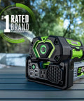 Hella Reliable Portable Pure Sine Wave Power Inverter Pumping 400w Continuous And 800w Peak Watts With Trio Of Quick Charge Ports close-up angle on a portable power inverter outdoors.
