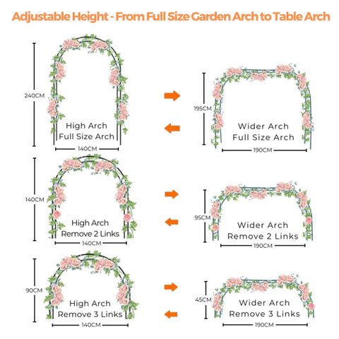 Garden Arch Arbors For Outdoor Climbing Plants Black Metal Trellis Arch Kit with adjustable height and width diagram