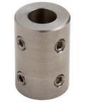 Front view of stainless steel rigid coupling with 1/4 in bore, 1/2 in OD and four hex set screws.