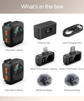 Wireless Lavalier Microphone System with AI noise cancelling, two transmitters, receivers, charging case, adapters, windscreens