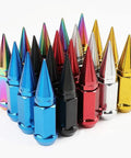 Colorful spike lug nuts for wheel rims in various finishes, including black, red, silver, and blue, arranged in rows.