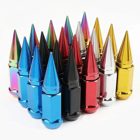 Colorful spike lug nuts for wheel rims in various finishes, including black, red, silver, and blue, arranged in rows.
