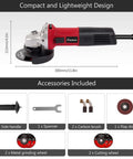 Powerful 4.5 Inch Angle Grinder With 7.5 Amp Motor And 11000 Rpm, compact design and included accessories for metal work.