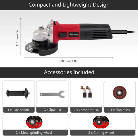 Knockout 7.5 Amp 4.5 Inch Electric Angle Grinder With Grinding And Cutting Wheels Flap Disc And Auxiliary Handle For Metalworking Polishing And Rust Removal Tough As Nails Red Design, compact design with accessories.