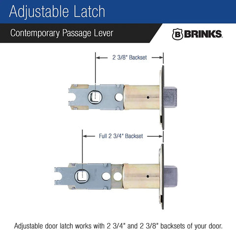 Six Pack Matte Black Indoor Passage Door Levers For Hall And Closet Dope Contemporary Non Locking Reversible Handles Set Durable Easy Install Modern Home Hardware showing adjustable latch with 2 3/4" and 2 3/8" backsets.