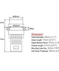 Technical drawing of Six Pack Red Green Indicator Lights For AC DC 12V, 22mm Panel Mount with dimensions highlighted.