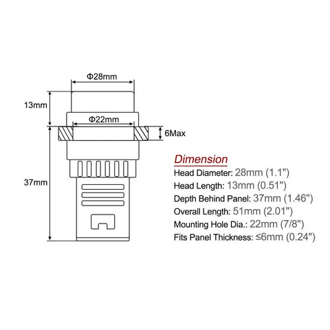 Technical diagram of Green Indicator Light 110 Volt AC DC 22mm Panel Mount dimensions for HVAC and DIY projects installation.