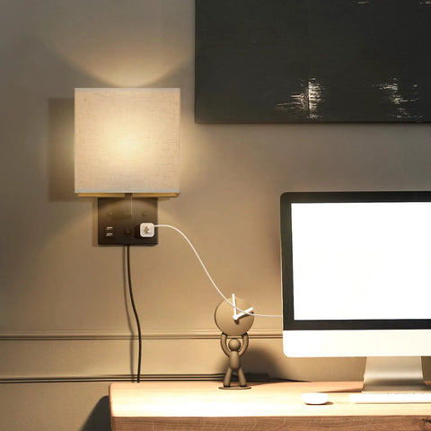 Set Of 2 Black Plug In Wall Sconces With USB Charging Ports And AC Outlet Wall Mounted Bedside Lamps for bedroom setup