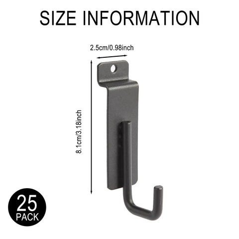 Heavy Duty Slatwall Hooks Built Like A Tank With Slick Scratch Resistant Coating Smooth Polished J Shaped Tips 25 pack with size info