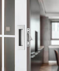 Pocket Door Pull And Edge Pull Set In Brushed Nickel, 6 Inch Handles, Recessed Finger Flush Pulls, 304 Stainless Steel shown installed