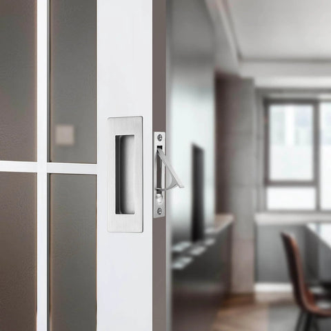 Pocket Door Pull And Edge Pull Set In Brushed Nickel, 6 Inch Handles, Recessed Finger Flush Pulls, 304 Stainless Steel shown installed